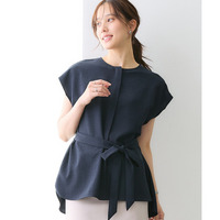 麻調合繊共布リボン付きフレンチスリーブブラウス（しわになりにくい・接触冷感・UVカット・ウォッシャブル） 大きいサイズ