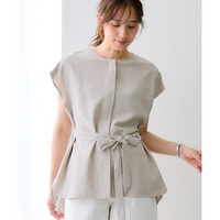 麻調合繊共布リボン付きフレンチスリーブブラウス（しわになりにくい・接触冷感・UVカット・ウォッシャブル） 大きいサイズ