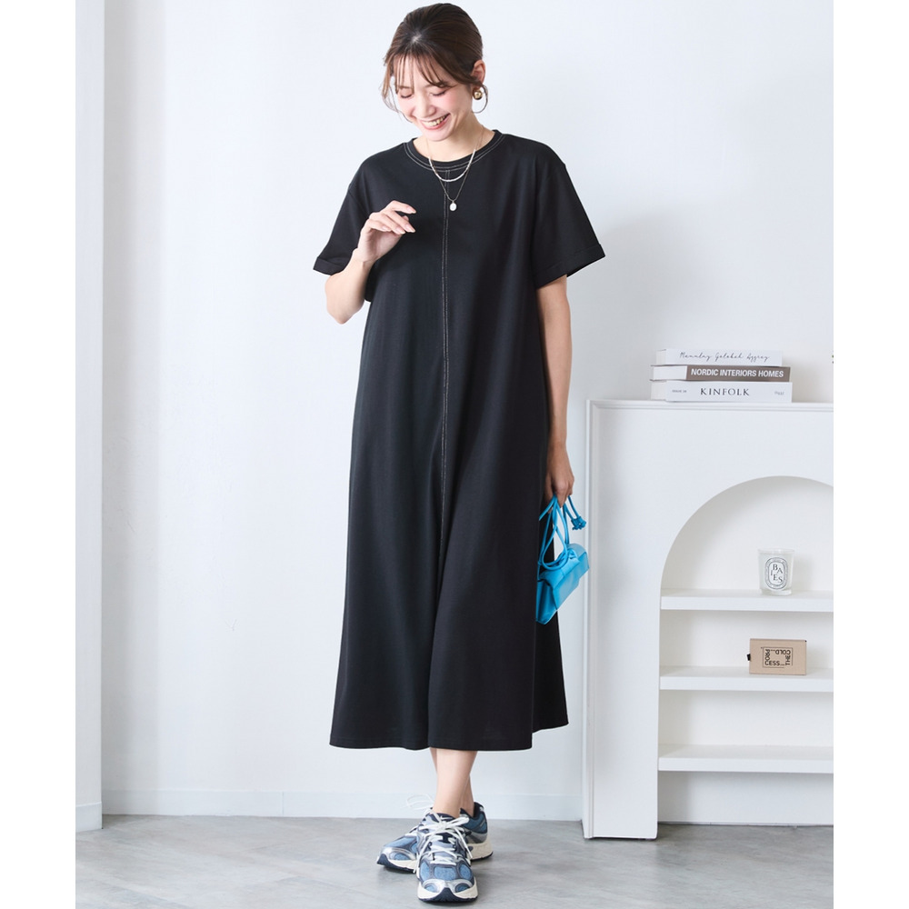 【汗染みしにくい】配色ステッチワンピース 大きいサイズ16