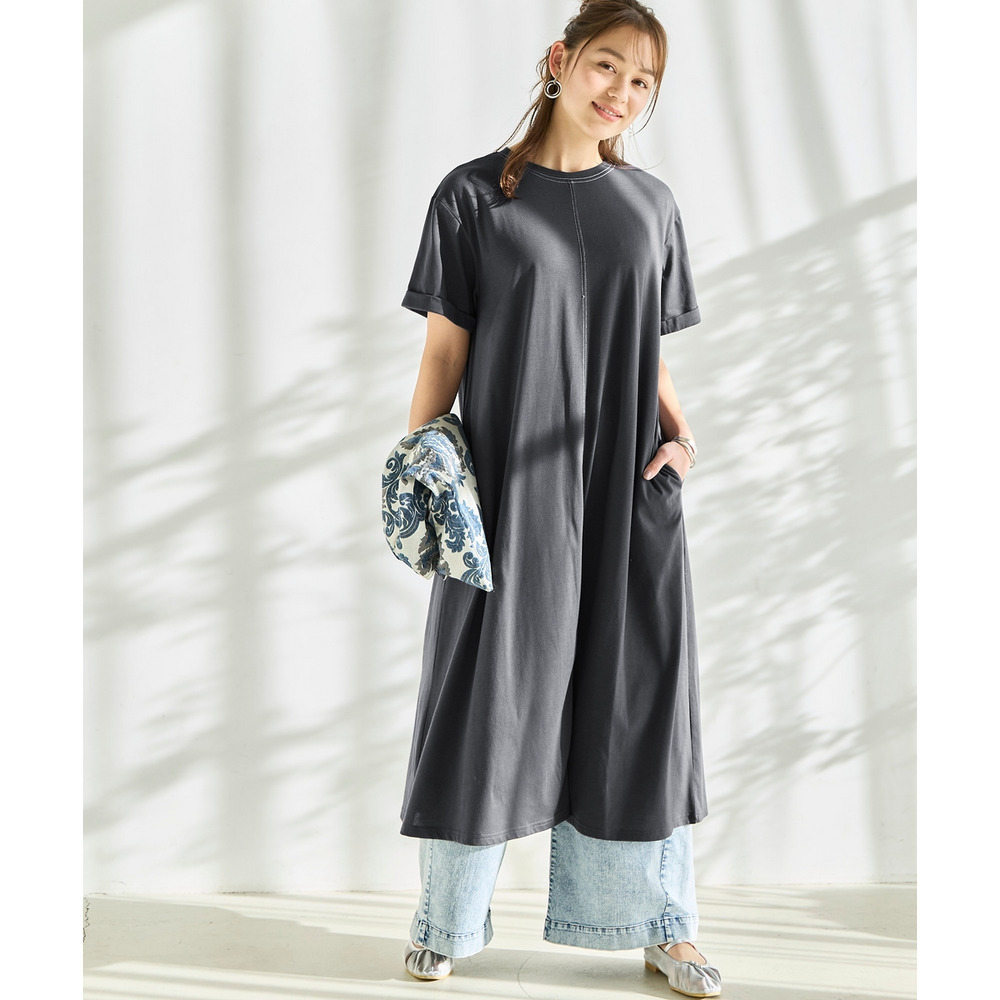 【汗染みしにくい】配色ステッチワンピース 大きいサイズ1