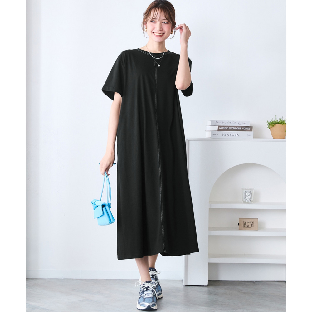 【汗染みしにくい】配色ステッチワンピース 大きいサイズ1