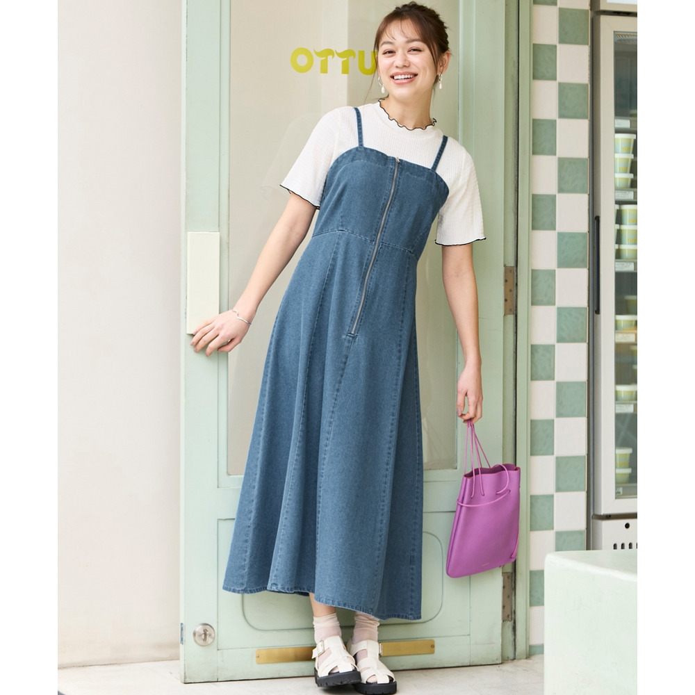 フロントジップデニムキャミワンピース 大きいサイズ1