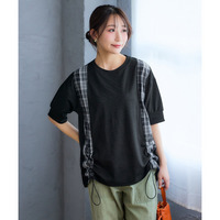 縦チェック切替半袖シャーリングトップス 大きいサイズ