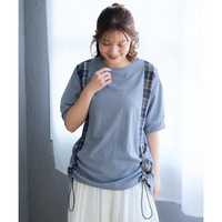縦チェック切替半袖シャーリングトップス 大きいサイズ
