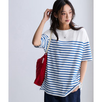 綿100％スムースパネル風ボーダー5分袖プルオーバー 大きいサイズ