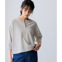 【T-KNIT】綿混ヘンリーネック7分袖ニットトップス【接触冷感・毛玉になりにくい・洗濯機で洗える・UVカット】 大きいサイズ