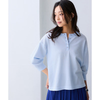 【T-KNIT】綿混ヘンリーネック7分袖ニットトップス【接触冷感・毛玉になりにくい・洗濯機で洗える・UVカット】 大きいサイズ