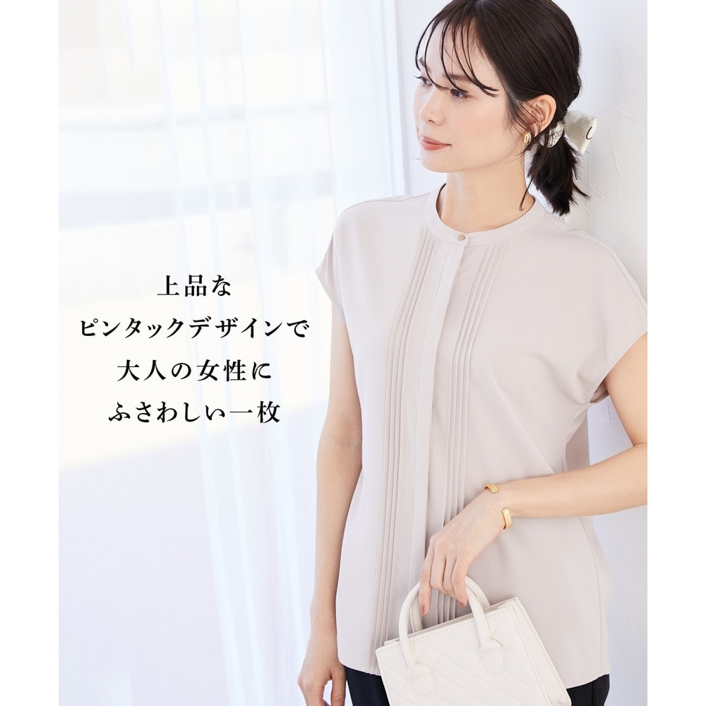 ストレッチパウダーサテンピンタックフレンチスリーブブラウス(しわになりにくい・速乾・洗濯機OK・UVカット・接触冷感) 大きいサイズ2