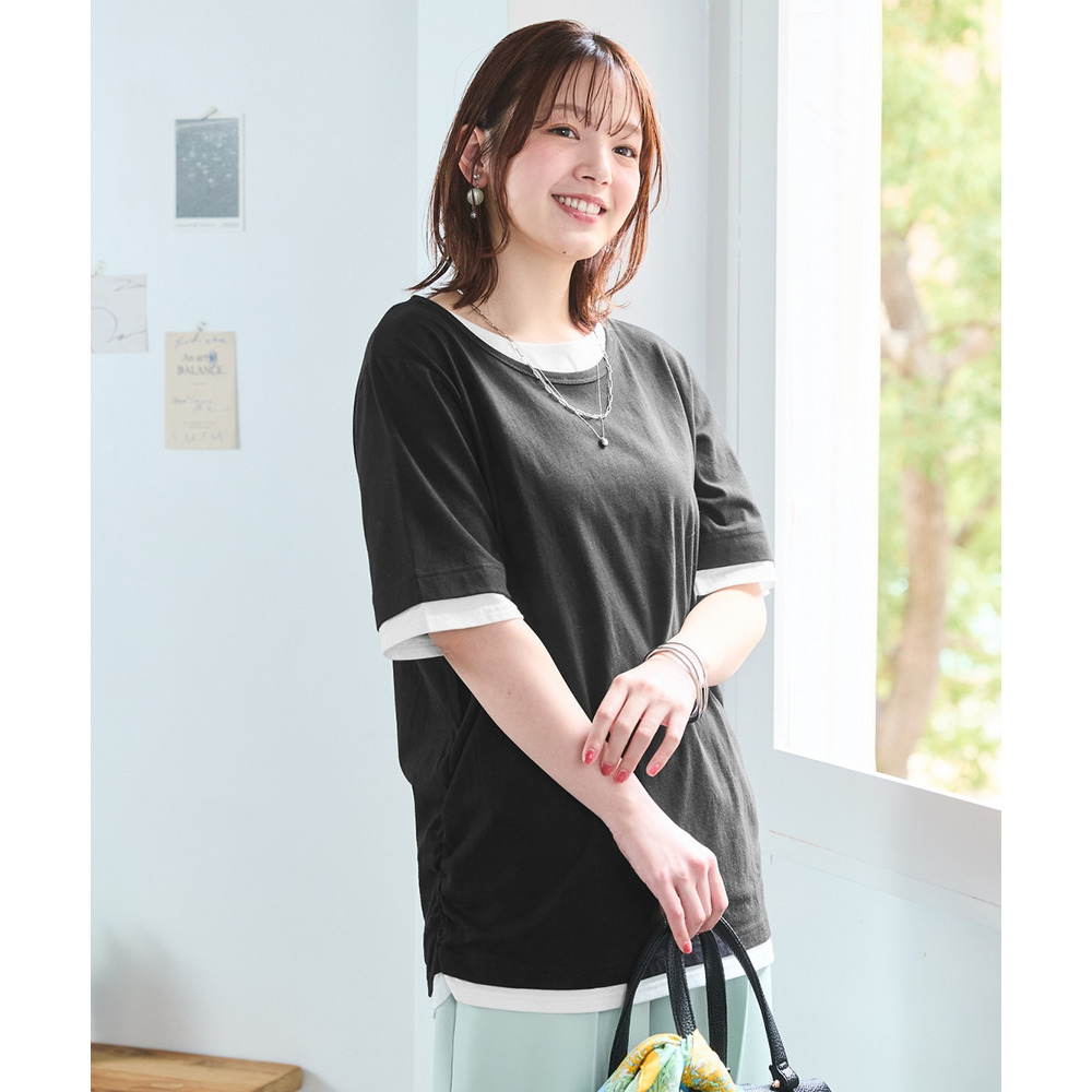 綿100%汗染みしにくい重ね着風5分袖Tシャツ 大きいサイズ1
