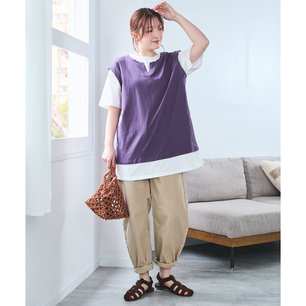 綿100%汗染みしにくいベスト重ね着風チュニック 大きいサイズ16