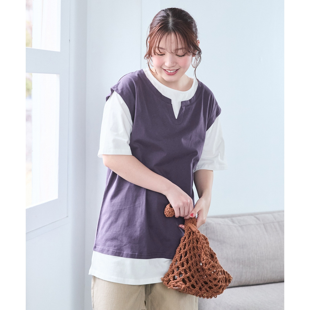 綿100%汗染みしにくいベスト重ね着風チュニック 大きいサイズ1