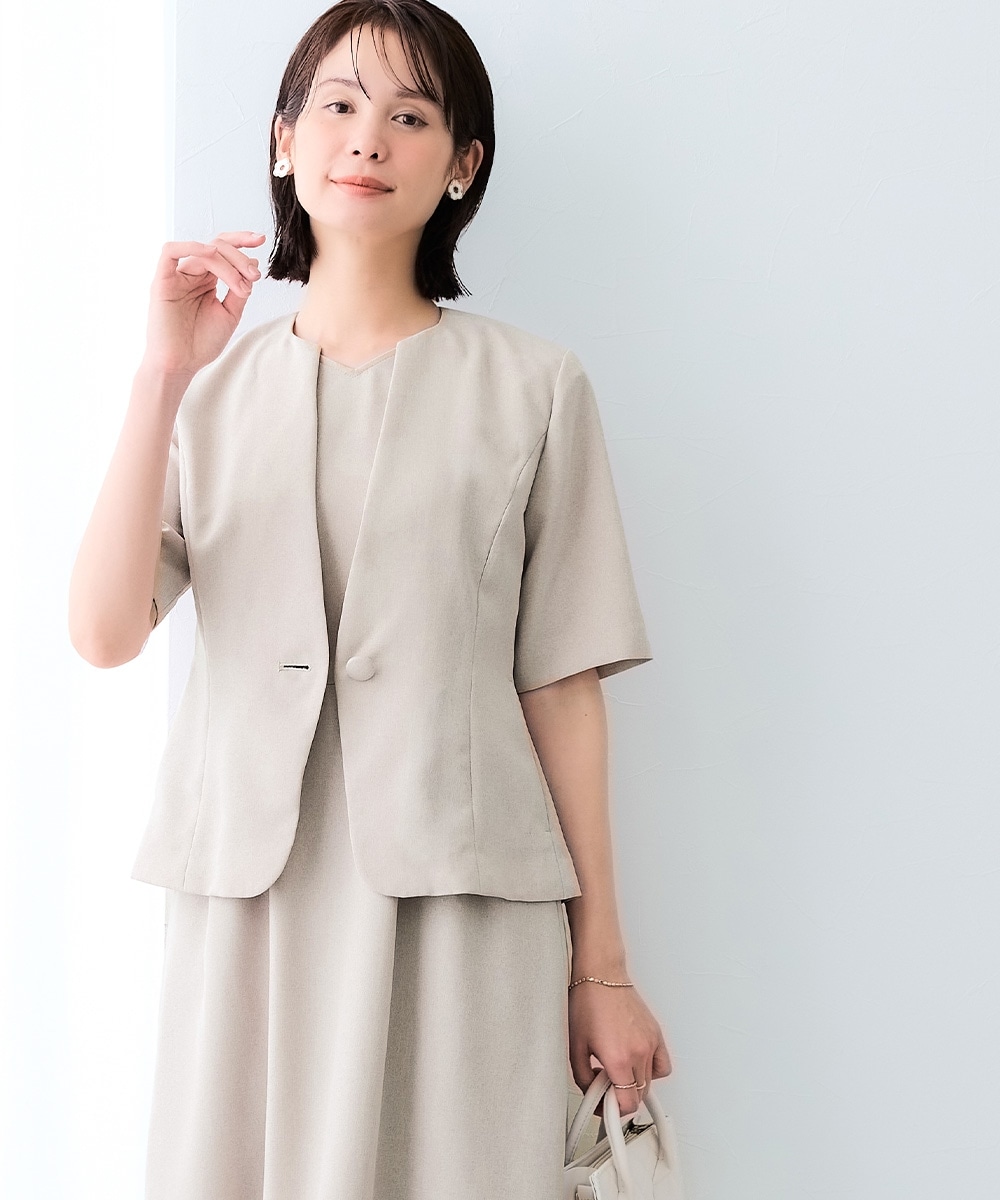 【レディーススーツ】<夏用>ワンピースアンサンブルスーツ(半袖キーネックジャケット+ロング丈ワンピース) 大きいサイズ13