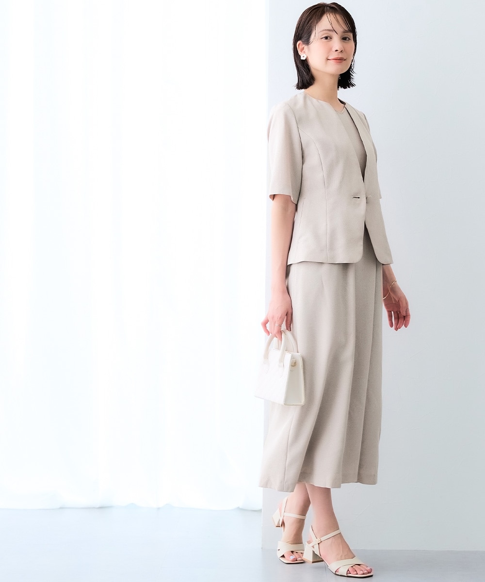 【レディーススーツ】<夏用>ワンピースアンサンブルスーツ(半袖キーネックジャケット+ロング丈ワンピース) 大きいサイズ14