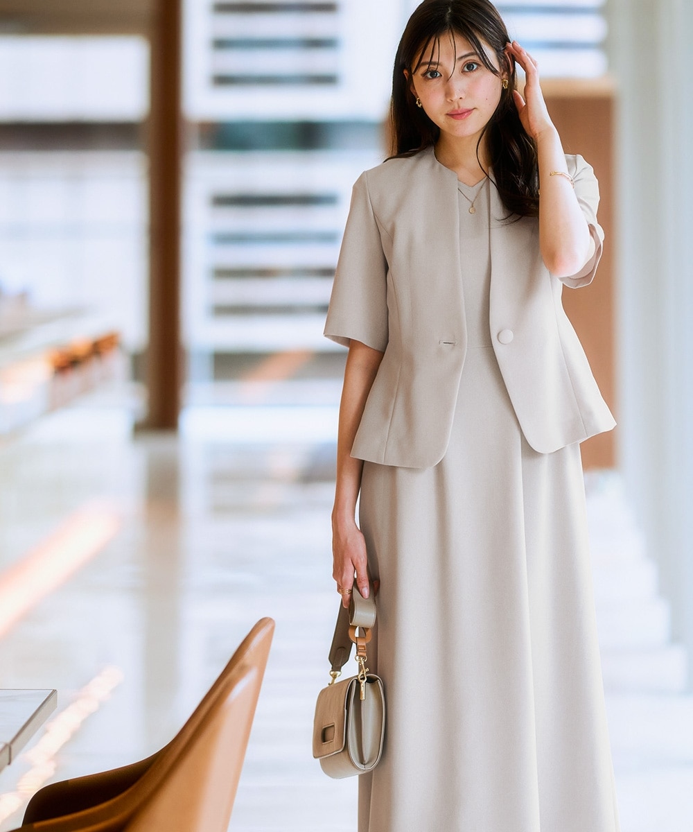 【レディーススーツ】<夏用>ワンピースアンサンブルスーツ(半袖キーネックジャケット+ロング丈ワンピース) 大きいサイズ15