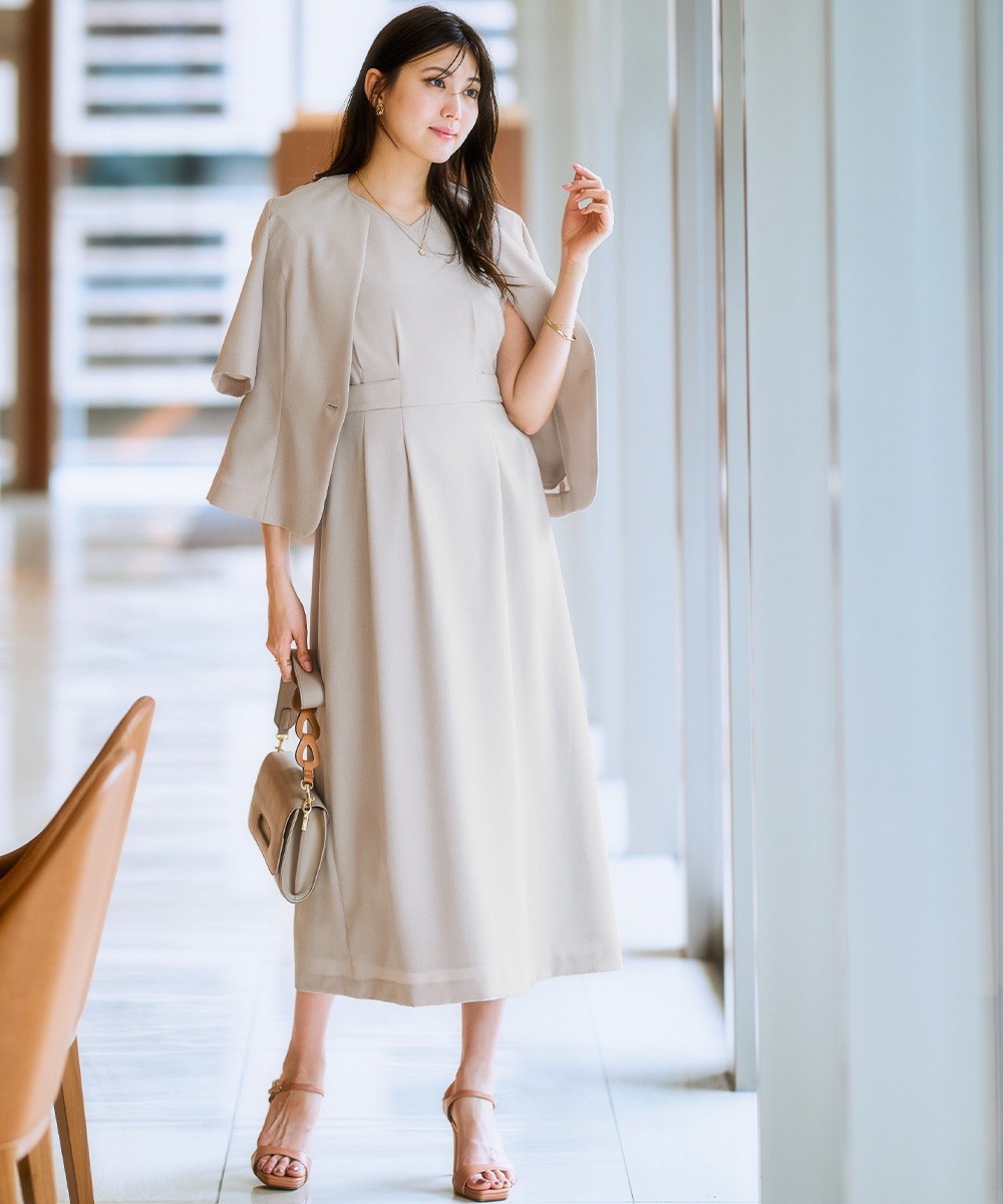 【レディーススーツ】<夏用>ワンピースアンサンブルスーツ(半袖キーネックジャケット+ロング丈ワンピース) 大きいサイズ16
