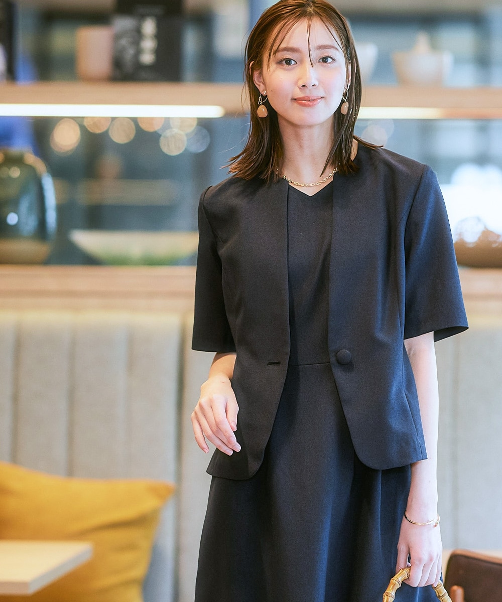 【レディーススーツ】<夏用>ワンピースアンサンブルスーツ(半袖キーネックジャケット+ロング丈ワンピース) 大きいサイズ21