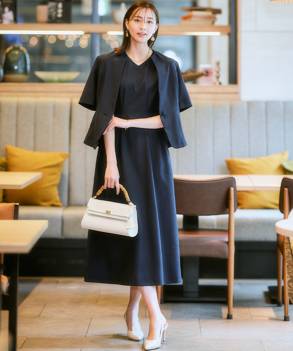 【レディーススーツ】<夏用>ワンピースアンサンブルスーツ(半袖キーネックジャケット+ロング丈ワンピース) 大きいサイズ22