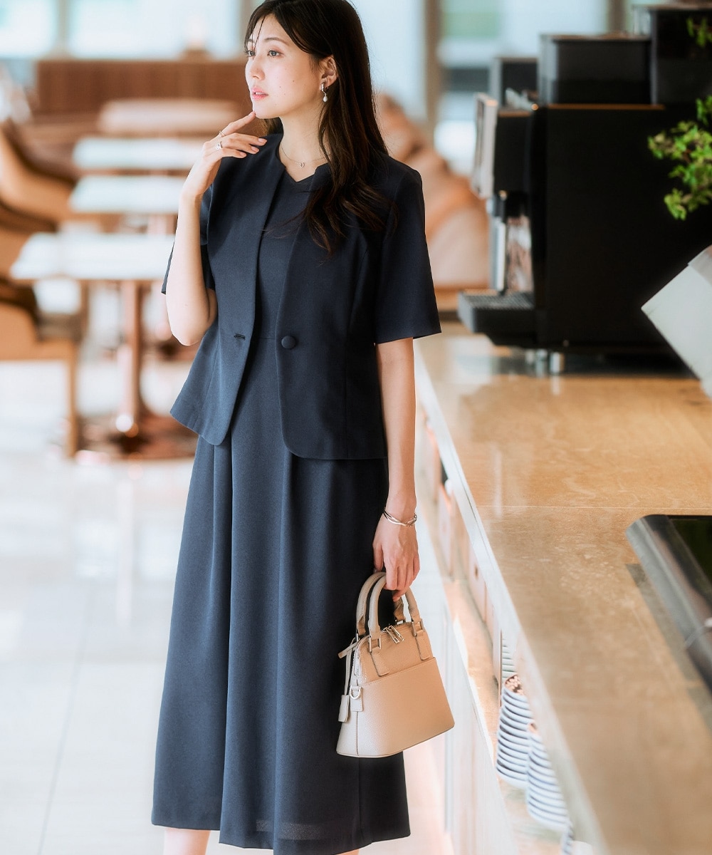 【レディーススーツ】<夏用>ワンピースアンサンブルスーツ(半袖キーネックジャケット+ロング丈ワンピース) 大きいサイズ24