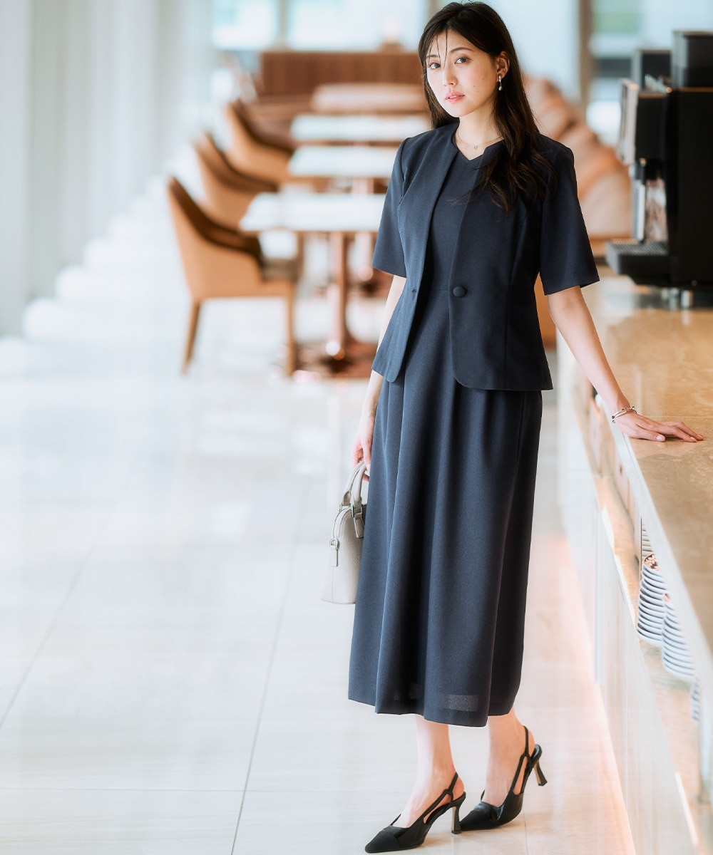 【レディーススーツ】<夏用>ワンピースアンサンブルスーツ(半袖キーネックジャケット+ロング丈ワンピース) 大きいサイズ25