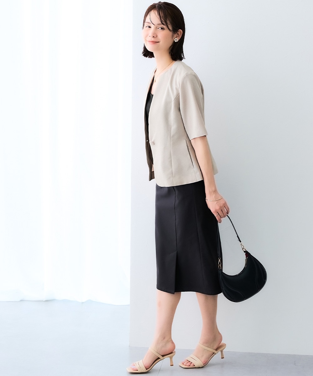 【レディーススーツ】<夏用>ワンピースアンサンブルスーツ(半袖キーネックジャケット+ロング丈ワンピース) 大きいサイズ28