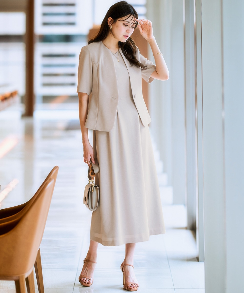 【レディーススーツ】<夏用>ワンピースアンサンブルスーツ(半袖キーネックジャケット+ロング丈ワンピース) 大きいサイズ1