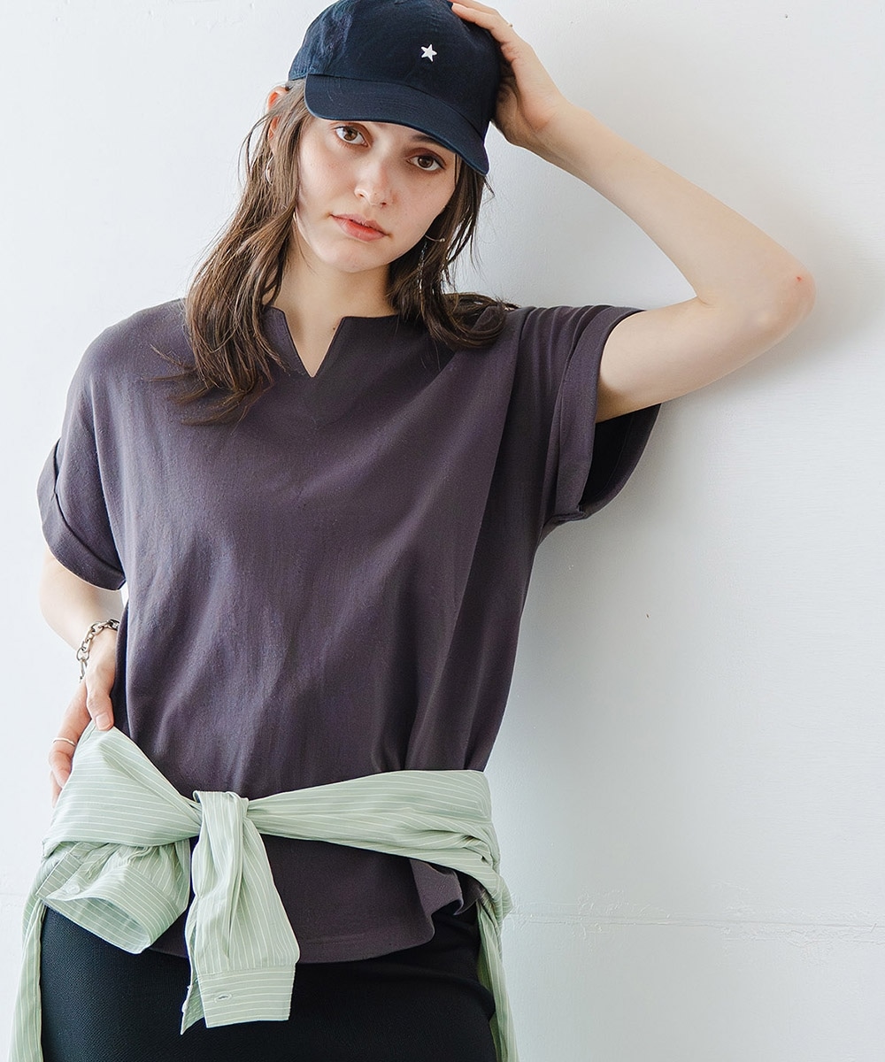 綿100％バスク素材キーネックフレンチスリーブプルオーバー（UVカット）　大きいサイズ