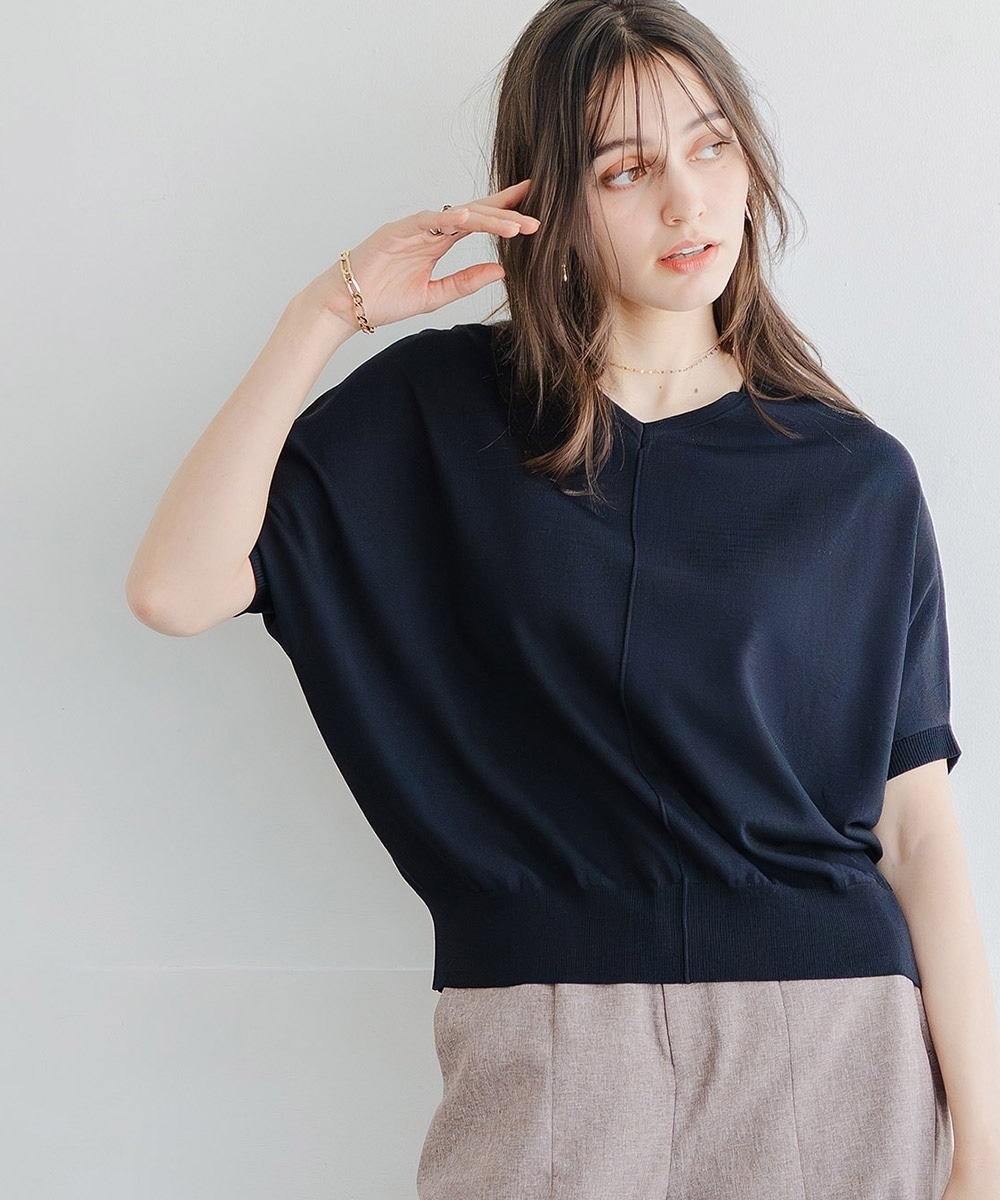 【アイスクリーンプレミアム】Vネックドルマンニットトップス(持続冷感・接触冷感・毛玉になりにくい・UVカット・洗濯機で洗える・遮熱) 大きいサイズ22