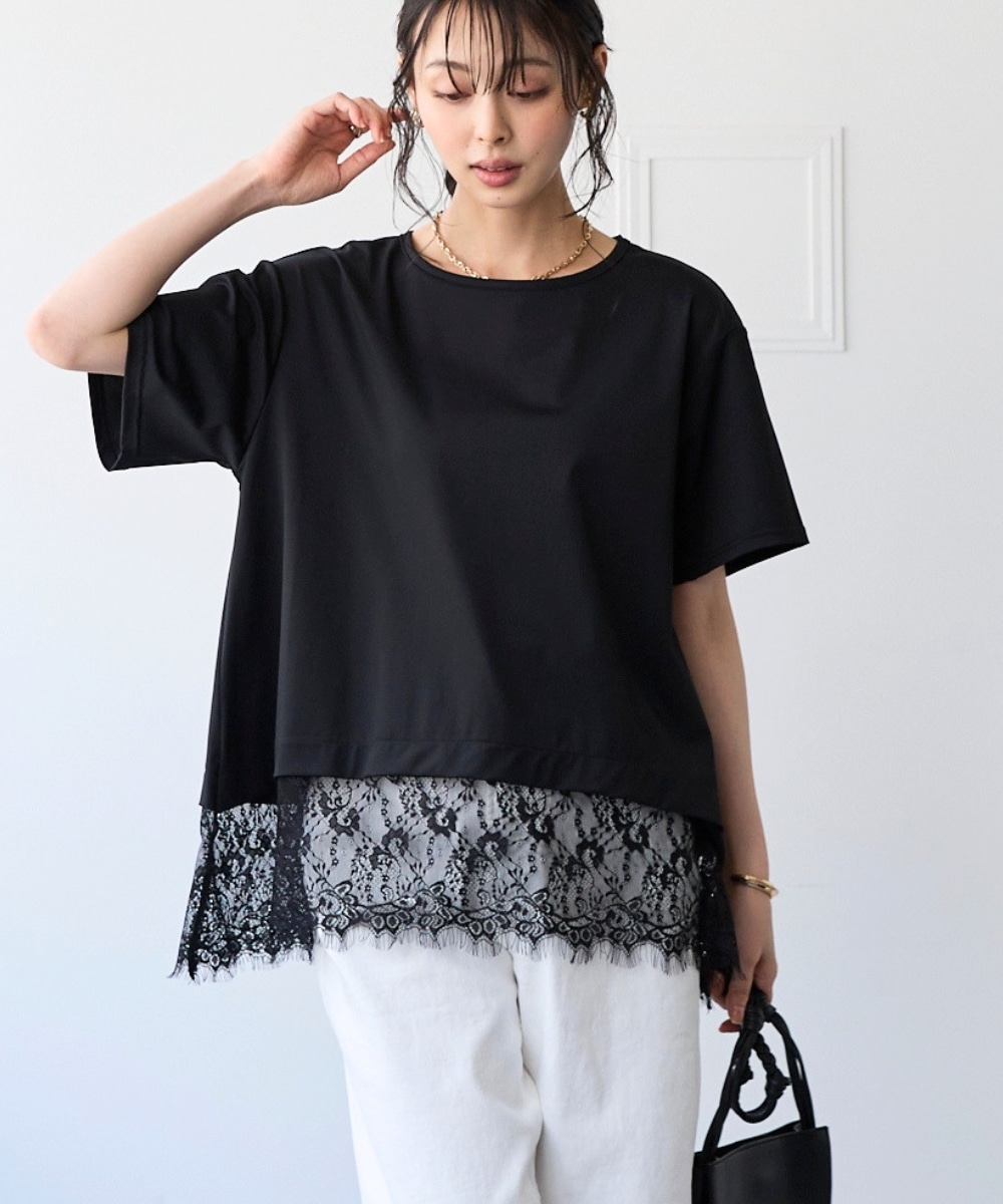 爽快裾レースTシャツ（接触冷感・UVカット・ストレッチ） 大きいサイズ