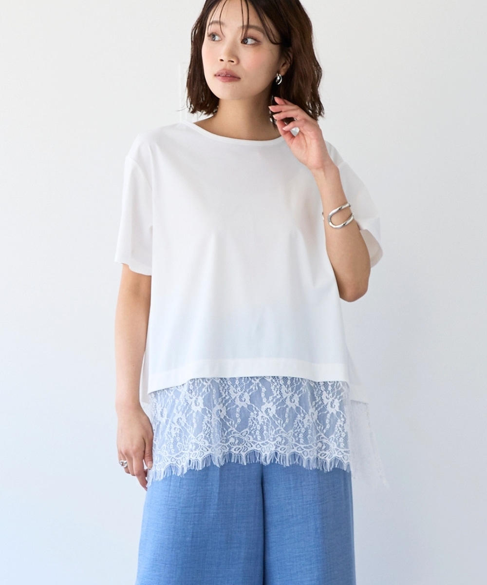爽快裾レースTシャツ（接触冷感・UVカット・ストレッチ） 大きいサイズ
