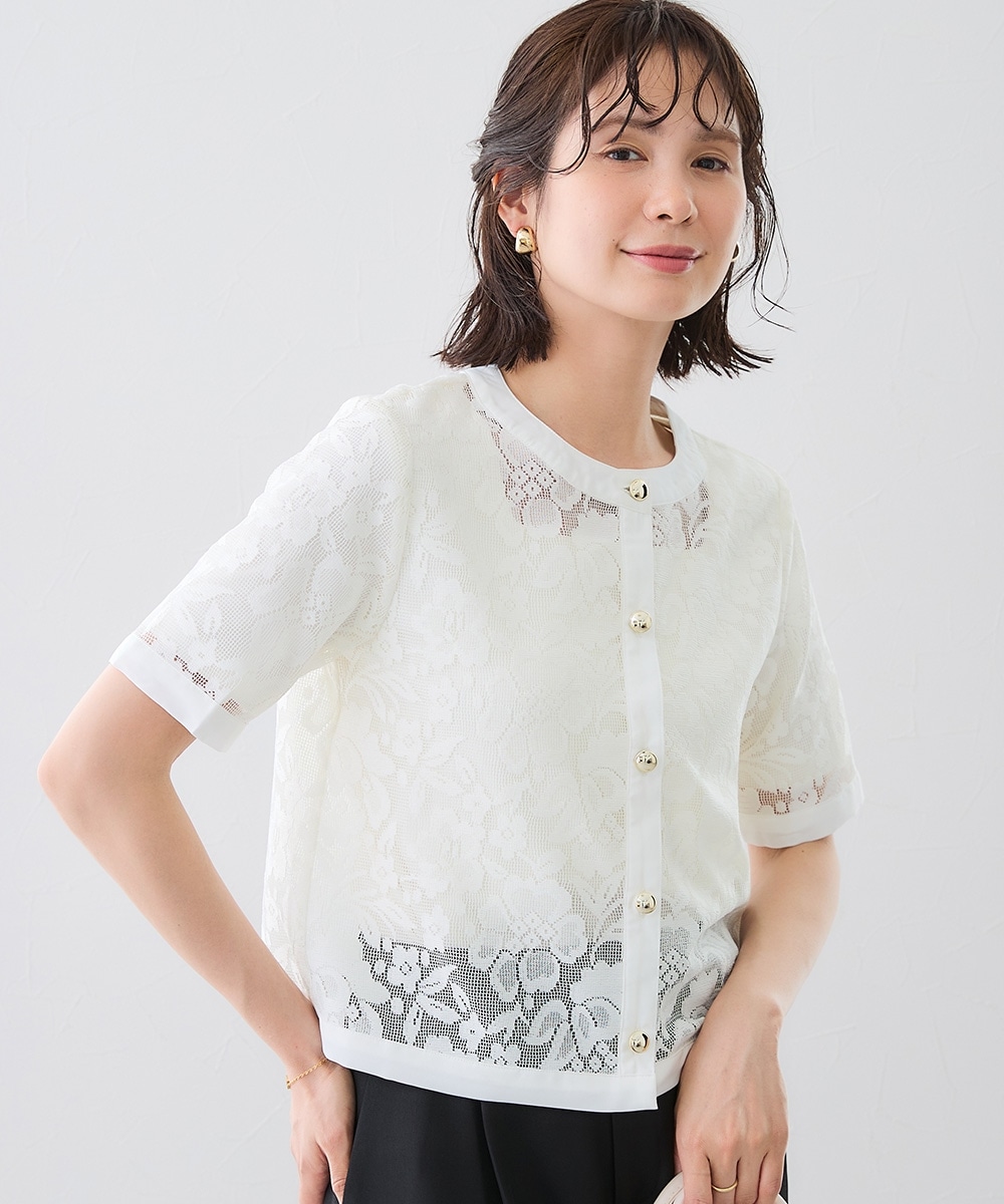 花柄レースノーカラー5分袖ジャケット 大きいサイズ