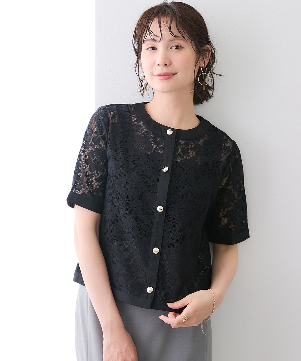 花柄レースノーカラー５分袖ジャケット　大きいサイズ