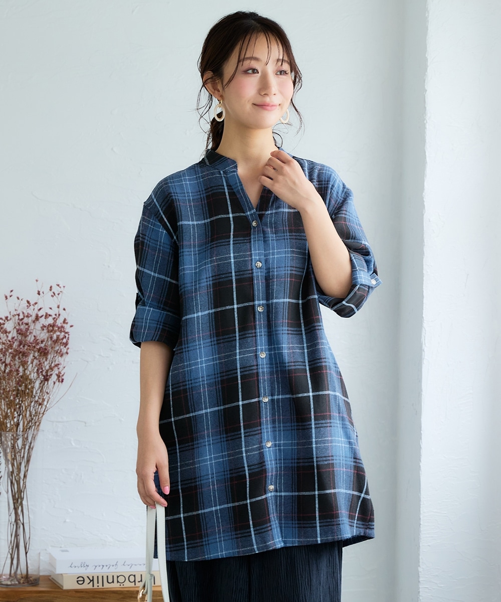 さらっと羽織れるチェック柄スキッパーシャツチュニック 大きいサイズ