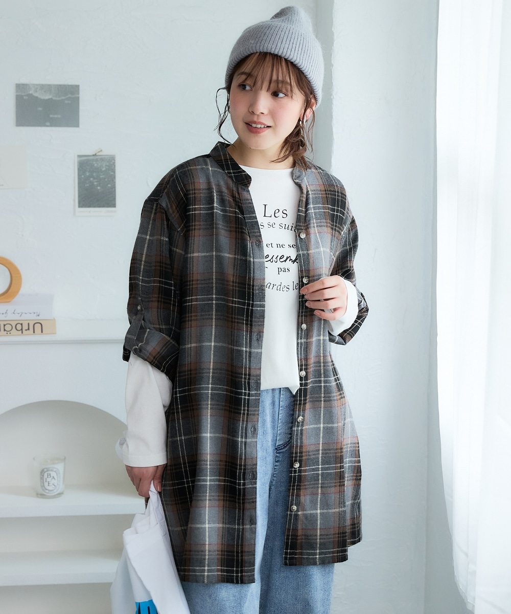 さらっと羽織れるチェック柄スキッパーシャツチュニック 大きいサイズ