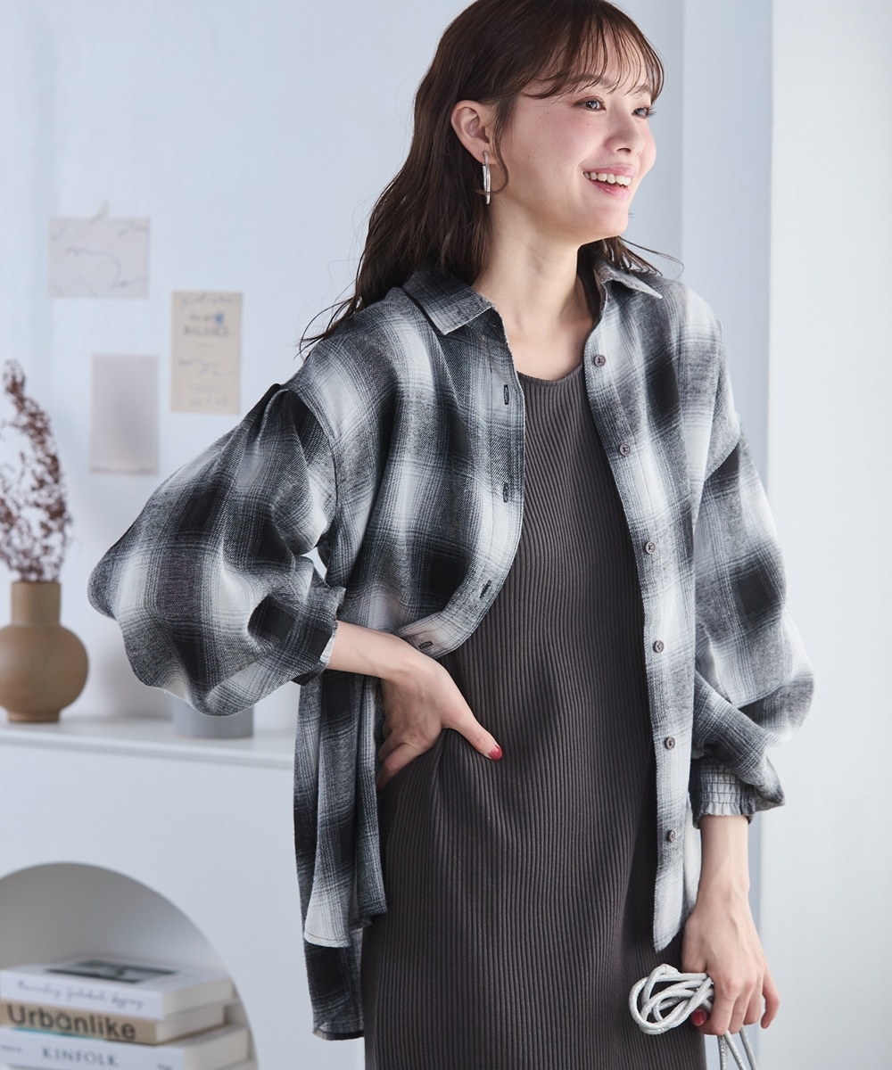 ぽわん袖ゆるシルエットチェックシャツ 大きいサイズ