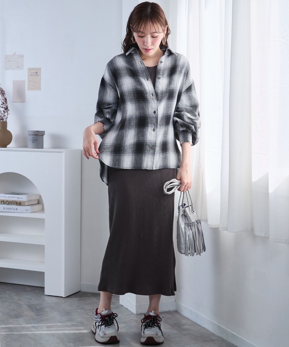 ぽわん袖ゆるシルエットチェックシャツ 大きいサイズ12