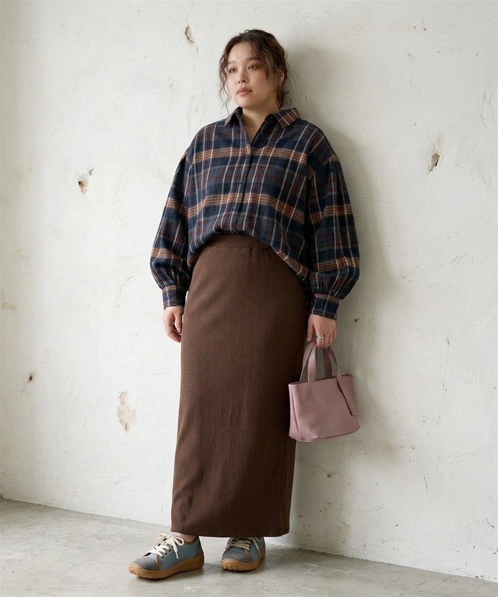 ぽわん袖ゆるシルエットチェックシャツ 大きいサイズ22