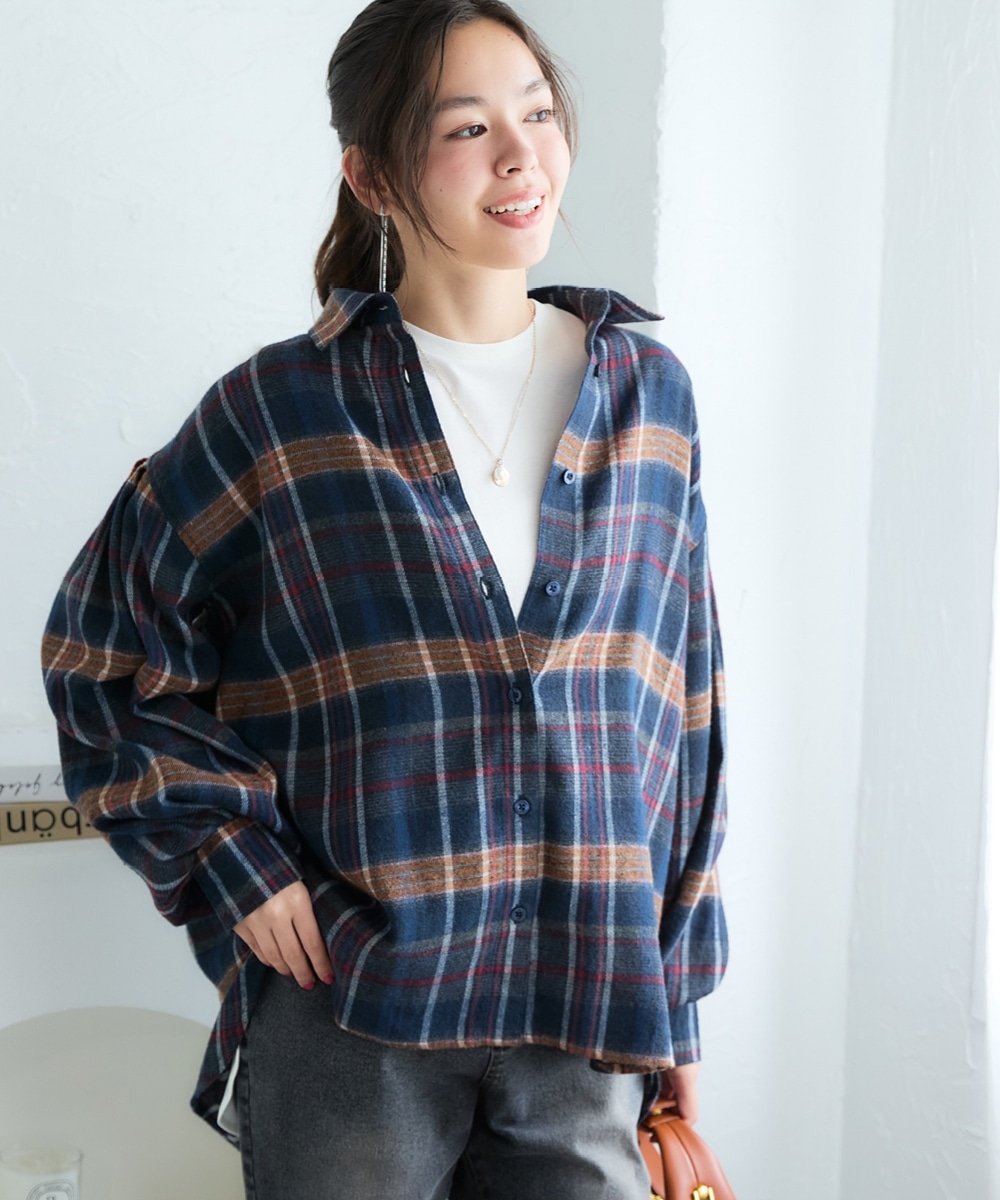 ぽわん袖ゆるシルエットチェックシャツ 大きいサイズ1