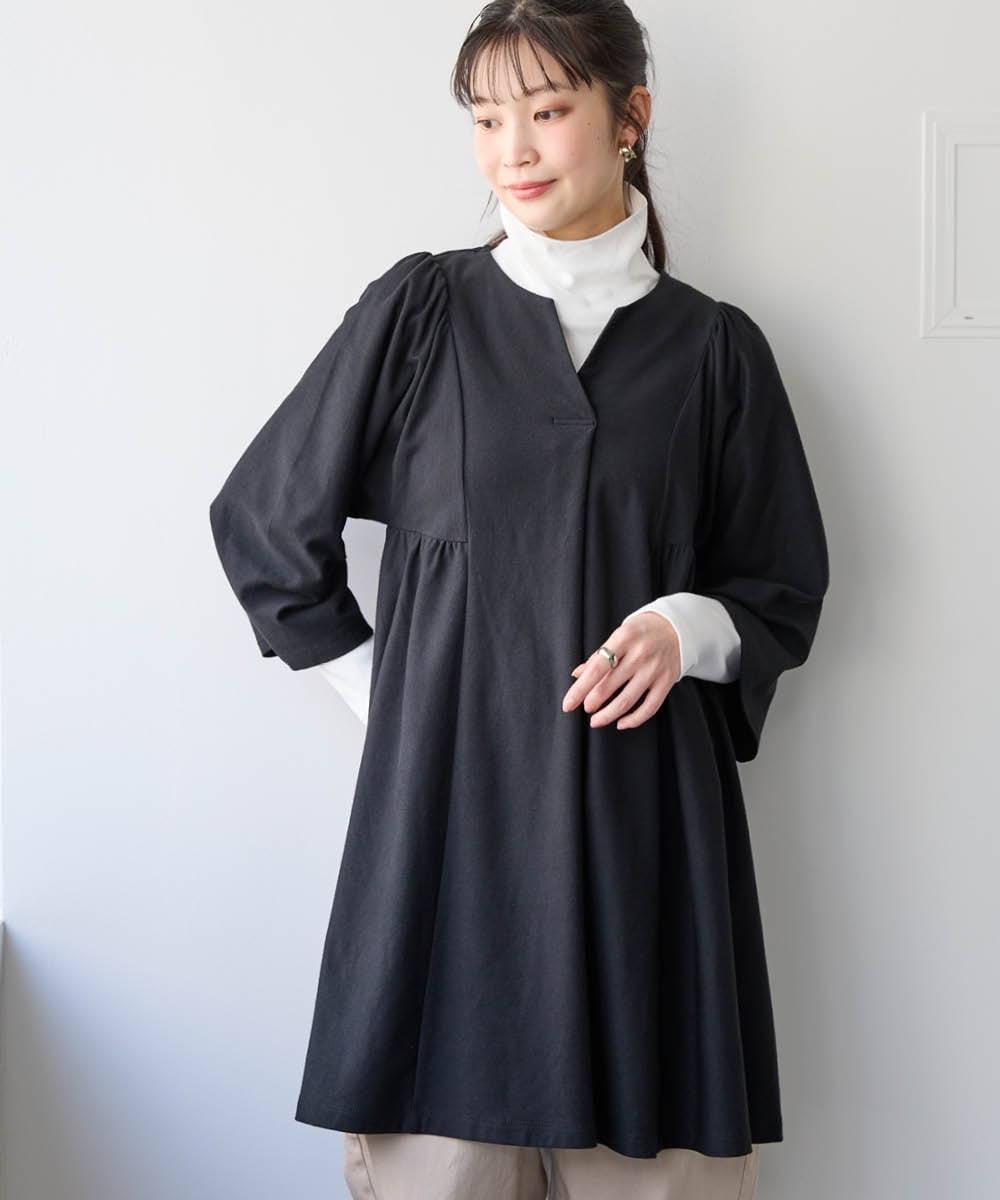 【スッキリ見え設計】体のラインをひろいにくい７分袖キーネック脇切り替えフレアチュニック 大きいサイズ