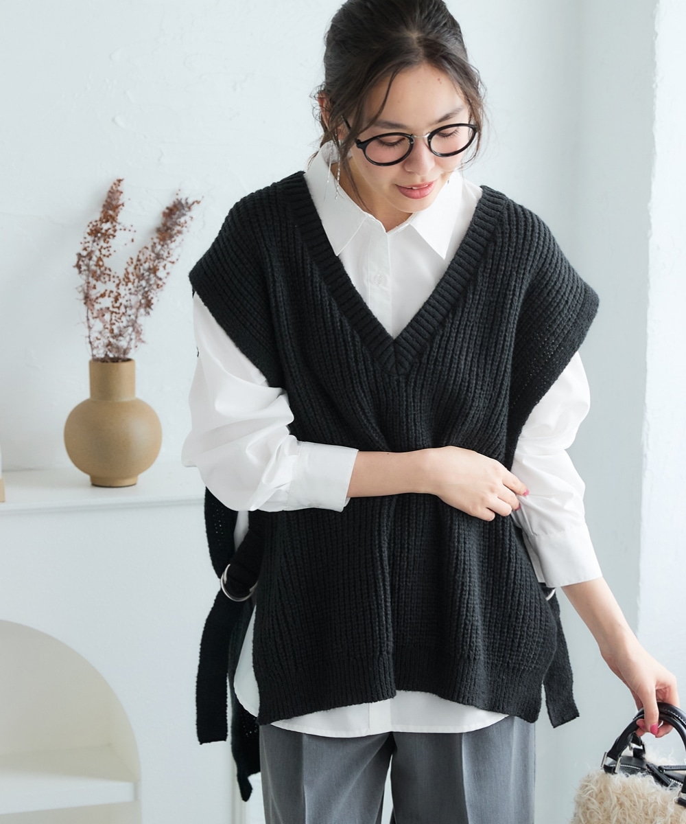 ゆるシルエットサイドベルトニットベスト 大きいサイズ