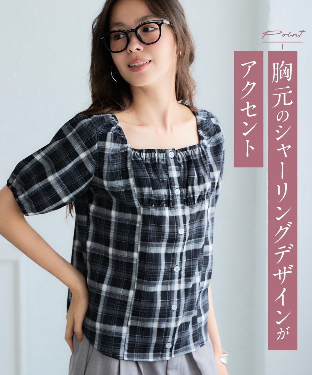 チェック柄シャーリングブラウス 大きいサイズ1