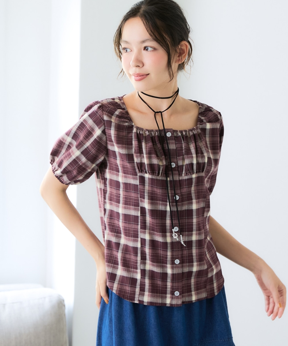 チェック柄シャーリングブラウス 大きいサイズ10