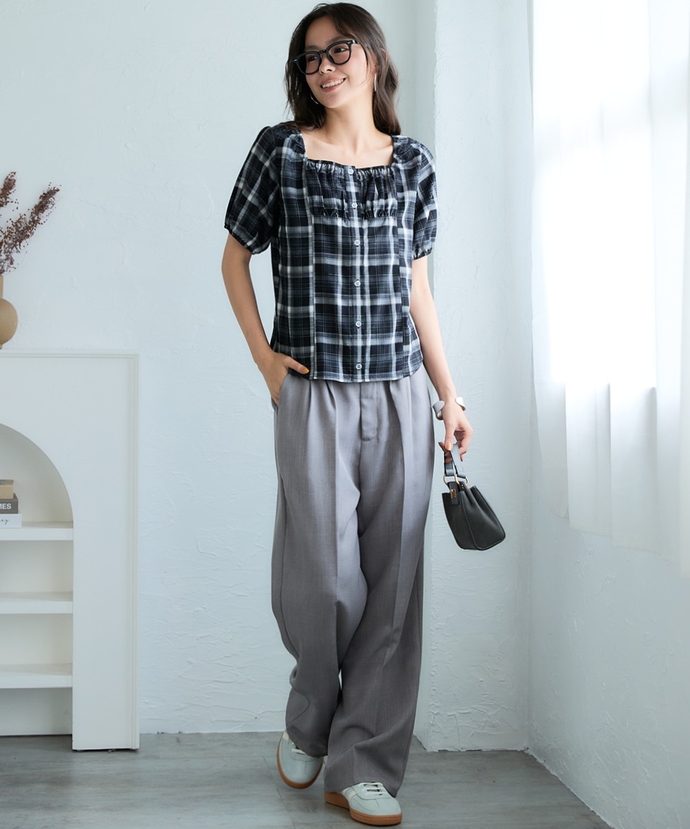 チェック柄シャーリングブラウス 大きいサイズ11