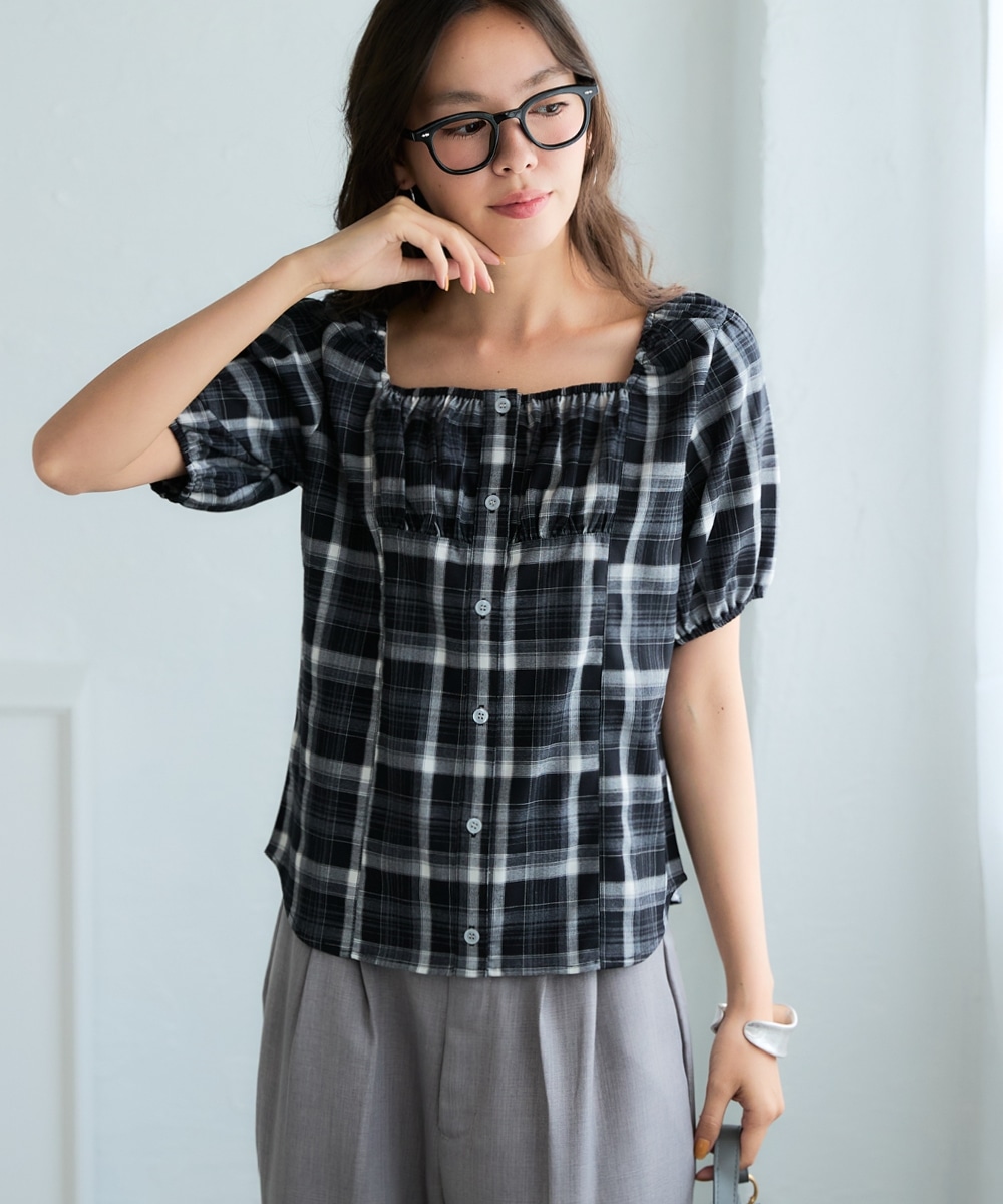 チェック柄シャーリングブラウス 大きいサイズ12