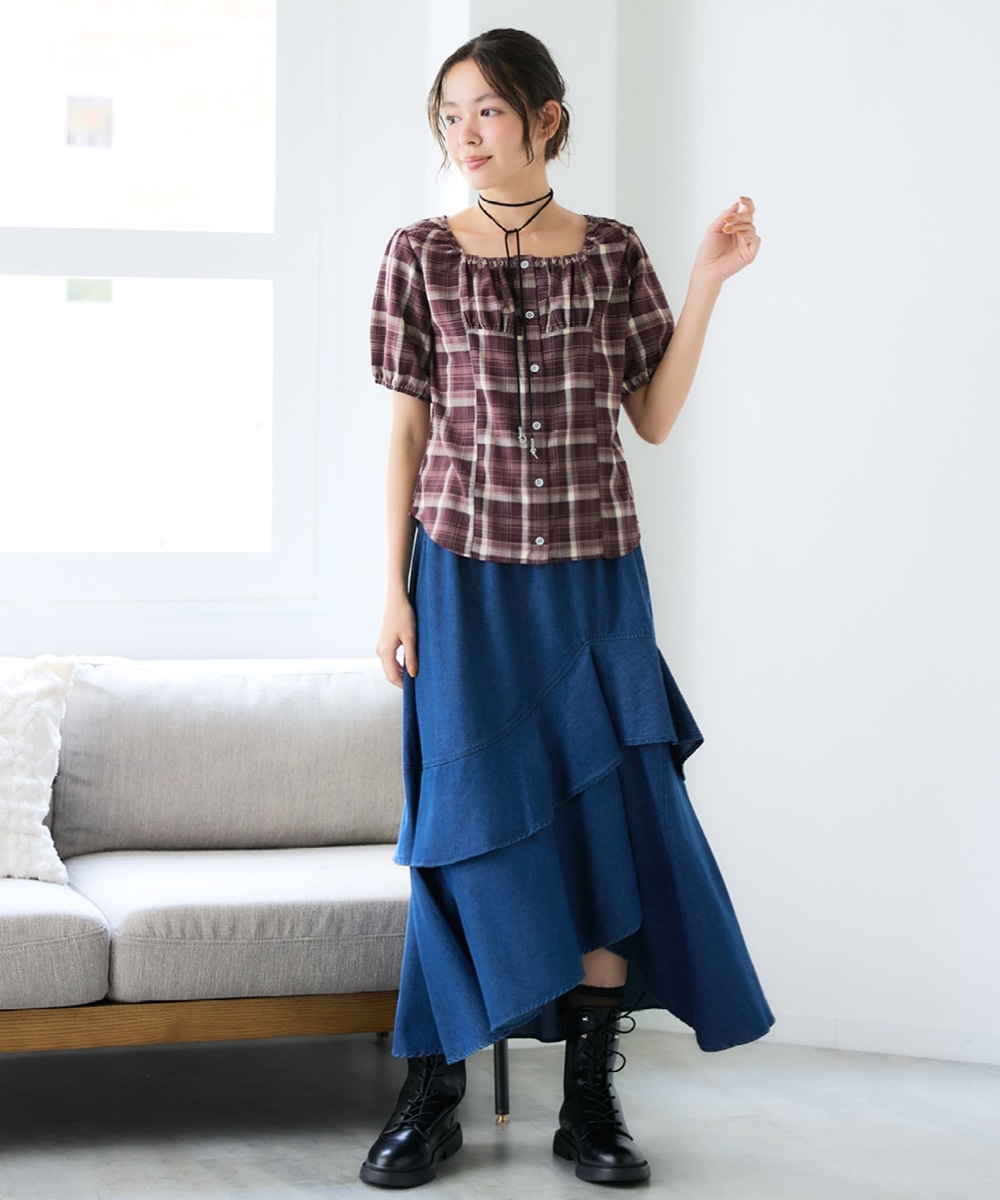 チェック柄シャーリングブラウス 大きいサイズ9