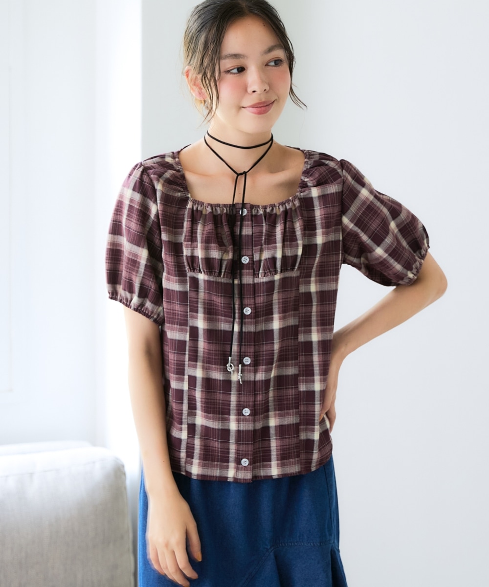 チェック柄シャーリングブラウス 大きいサイズ1