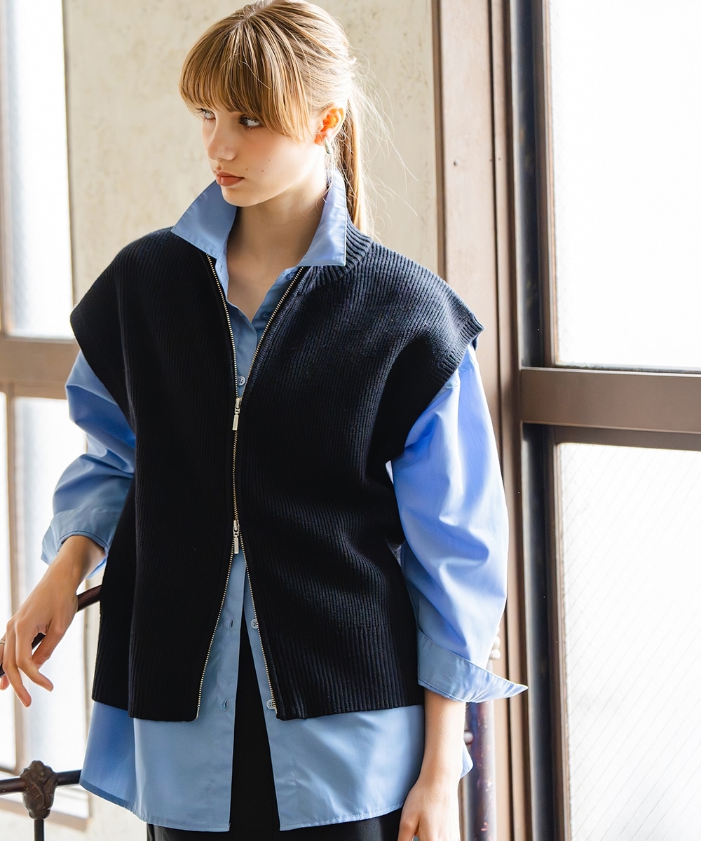 片畦編みダブルジップニットベスト（タンブル乾燥OK・毛玉になりにくい） 大きいサイズ