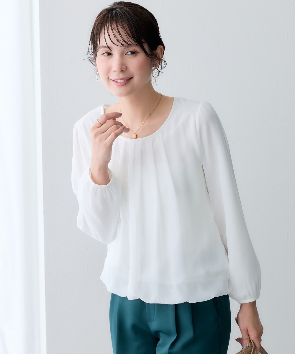 【あったか裏地付】シフォン前タックブラウス 大きいサイズ1