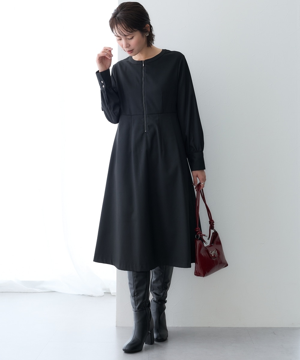 【あったか裏起毛】フロントジップタックワンピース（しわになりにくい・ストレッチ・保温性） 大きいサイズ