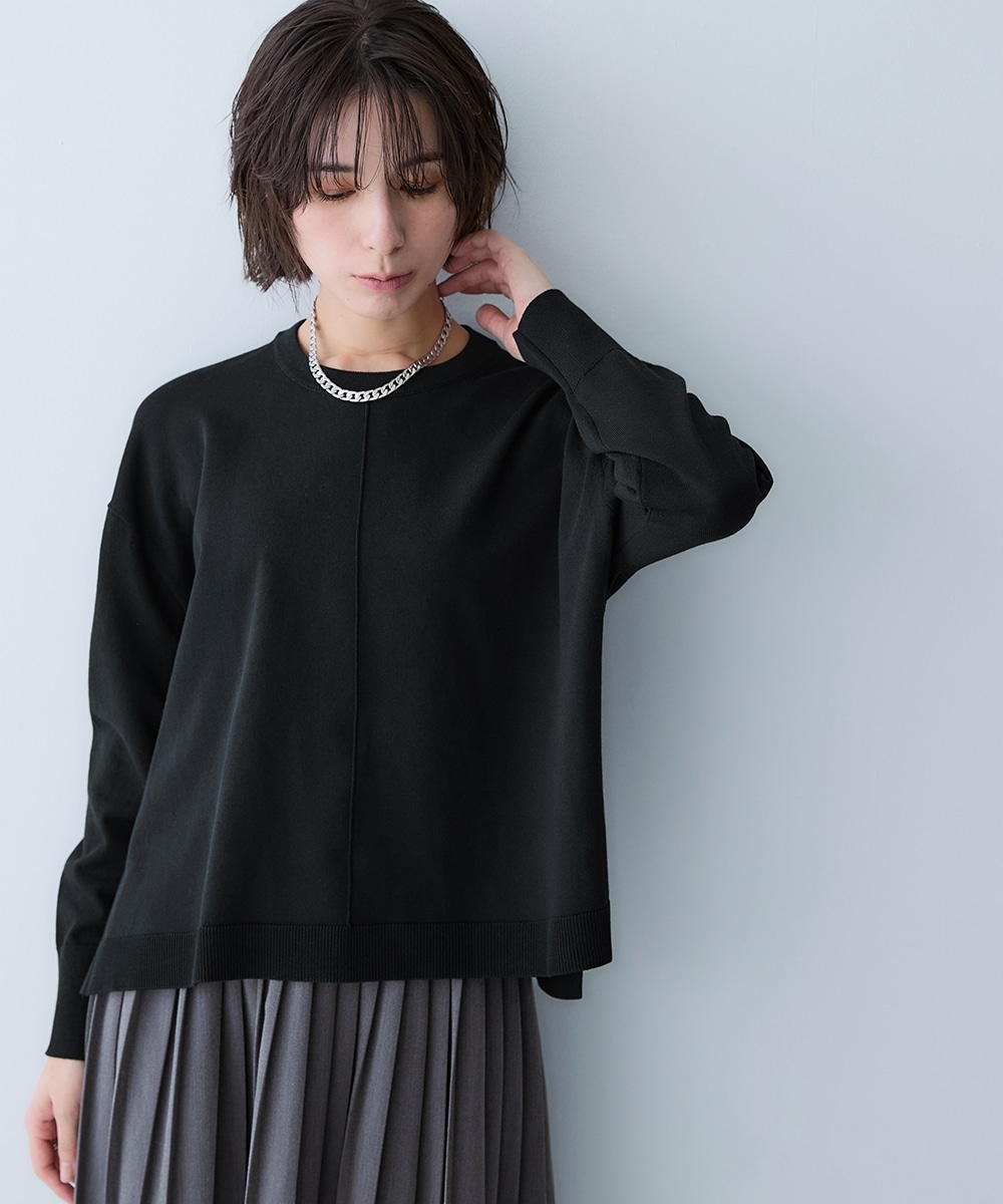 【T-KNIT】綿混クルーネッククロップド丈オーバーサイズ長袖ニットトップス【毛玉になりにくい・洗濯機で洗える・UVカット】 大きいサイズ