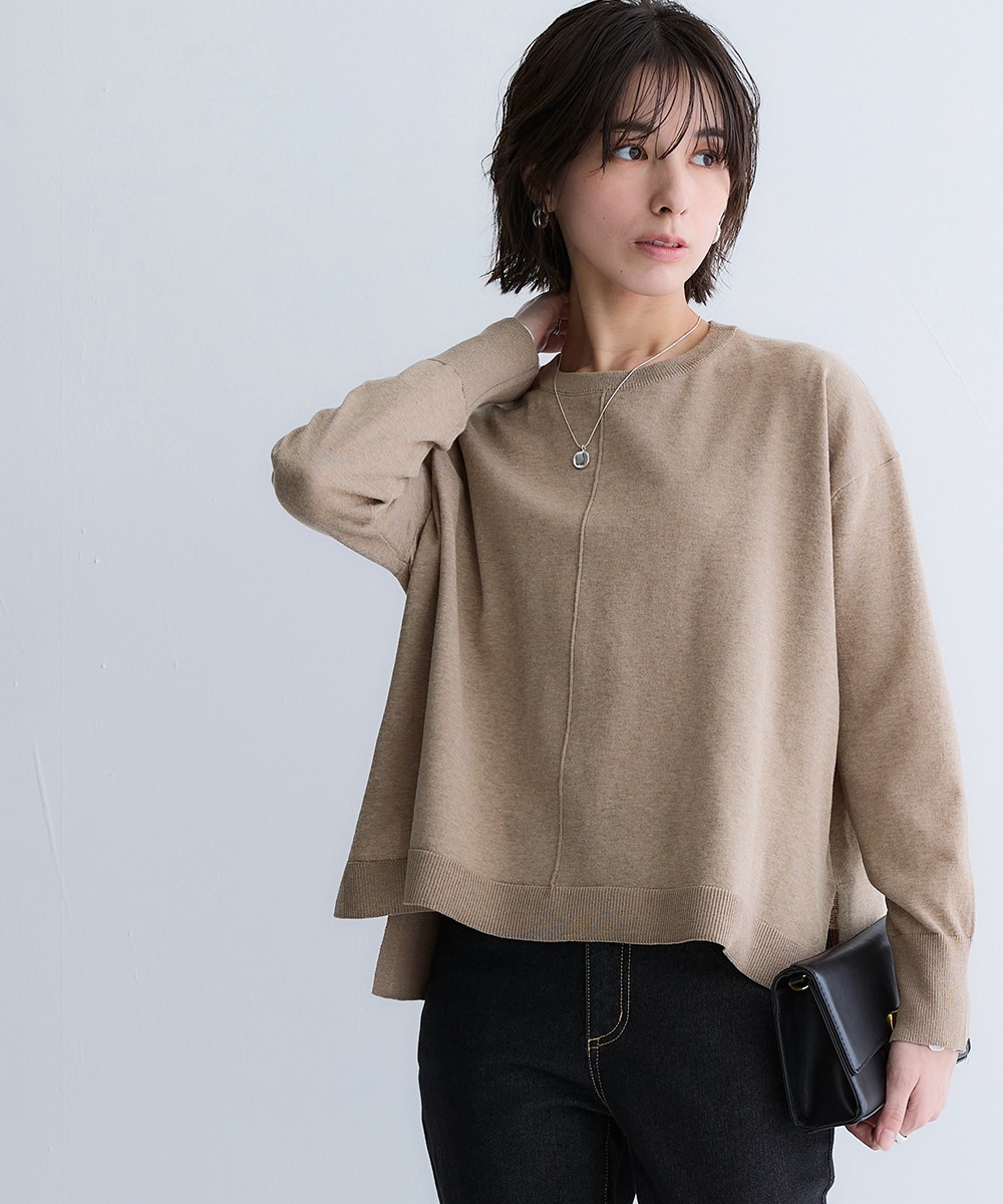 【T-KNIT】綿混クルーネッククロップド丈オーバーサイズ長袖ニットトップス【毛玉になりにくい・洗濯機で洗える・UVカット】 大きいサイズ